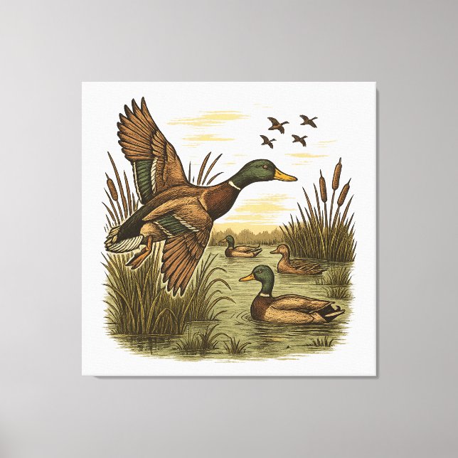 Retro-Flying-Mallard-Duck-Hunting Canvas Print (Front)