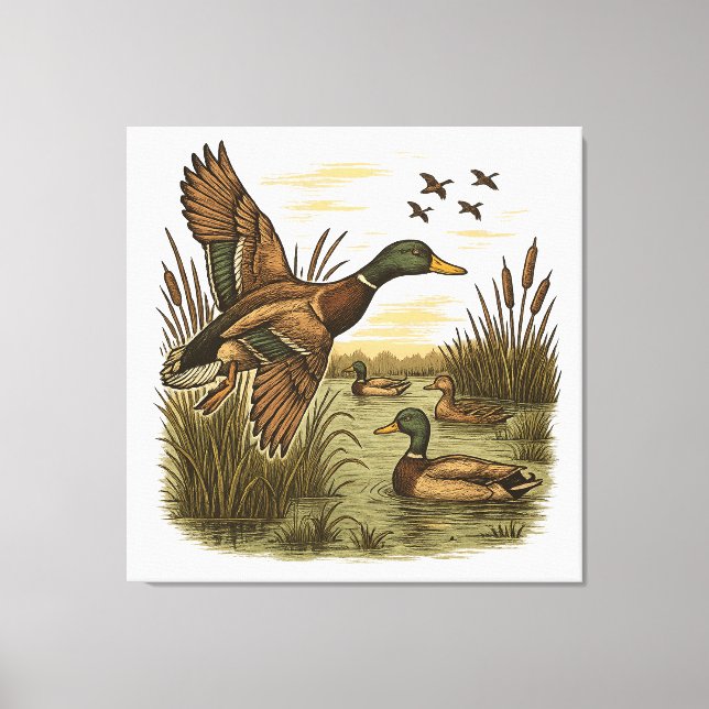 Retro-Flying-Mallard-Duck-Hunting Canvas Print (Front)