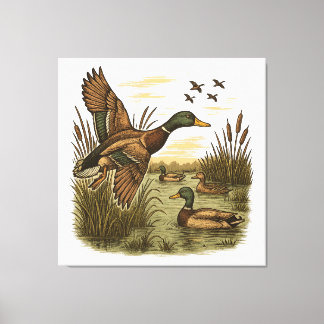 Retro-Flying-Mallard-Duck-Hunting Canvas Print