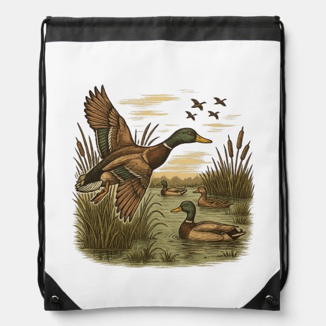 Retro-Flying-Mallard-Duck-Hunting Drawstring Bag (Front)