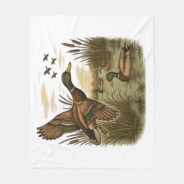 Retro-Flying-Mallard-Duck-Hunting Fleece Blanket (Front)