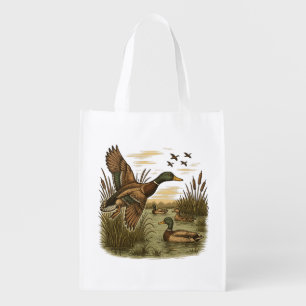 Retro-Flying-Mallard-Duck-Hunting, Grocery Bag