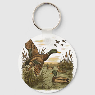 Retro-Flying-Mallard-Duck-Hunting, Keychain