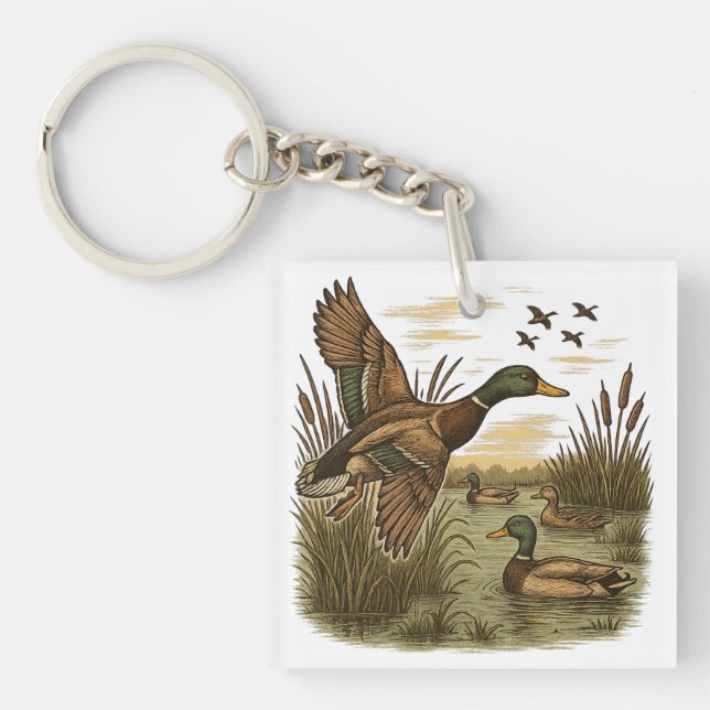Retro-Flying-Mallard-Duck-Hunting,  Keychain (Front)
