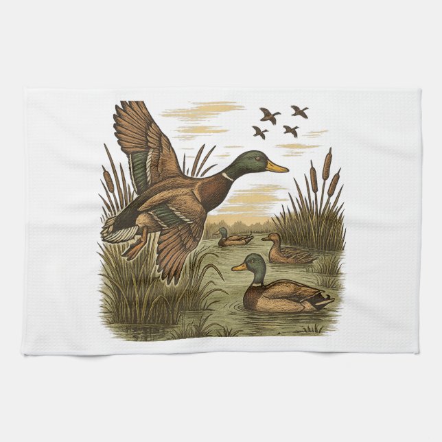 Retro-Flying-Mallard-Duck-Hunting Kitchen Towel (Horizontal)