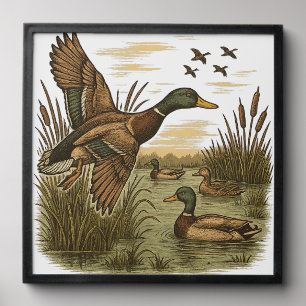 Retro-Flying-Mallard-Duck-Hunting,  Peel And Stick Photo Tile