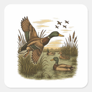 Retro-Flying-Mallard-Duck-Hunting,  Square Sticker