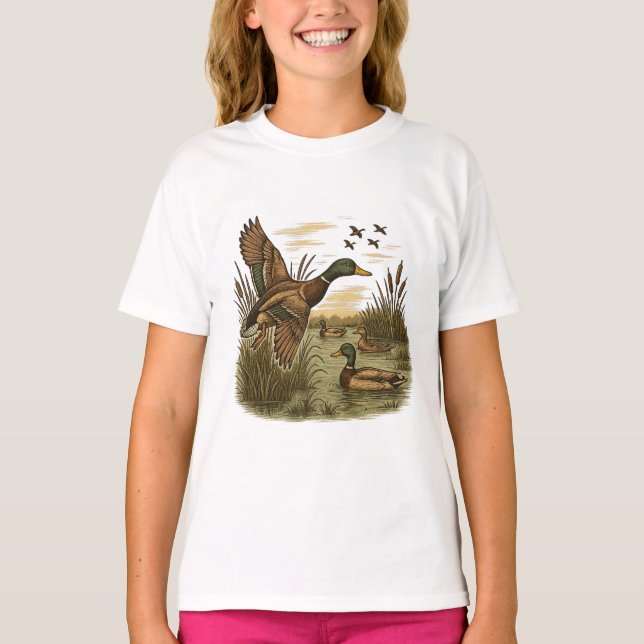 Retro-Flying-Mallard-Duck-Hunting,  T-Shirt (Front)