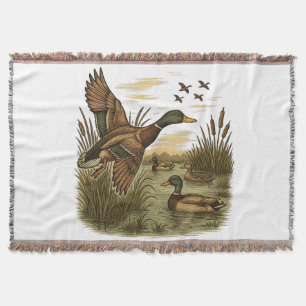 Retro-Flying-Mallard-Duck-Hunting Throw Blanket