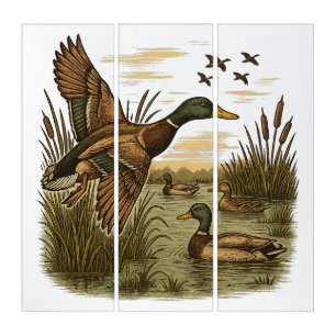 Retro-Flying-Mallard-Duck-Hunting,  Triptych