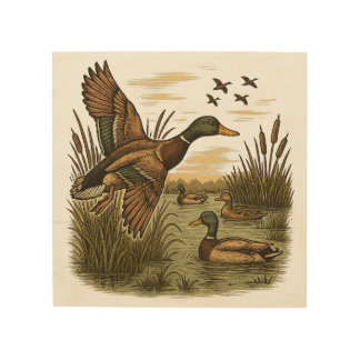 Retro-Flying-Mallard-Duck-Hunting,  Wood Wall Art
