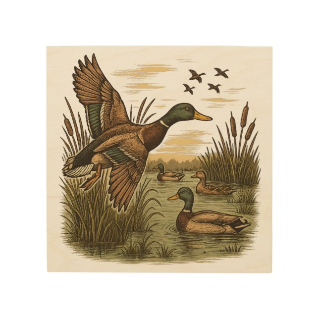 Retro-Flying-Mallard-Duck-Hunting,  Wood Wall Art (Front)