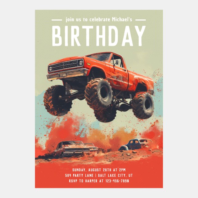 Retro Flying Red Monster Truck Birthday Invitation (Front)