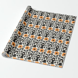 Retro Folk Art  Black, White, and Yellow Wrapping Paper
