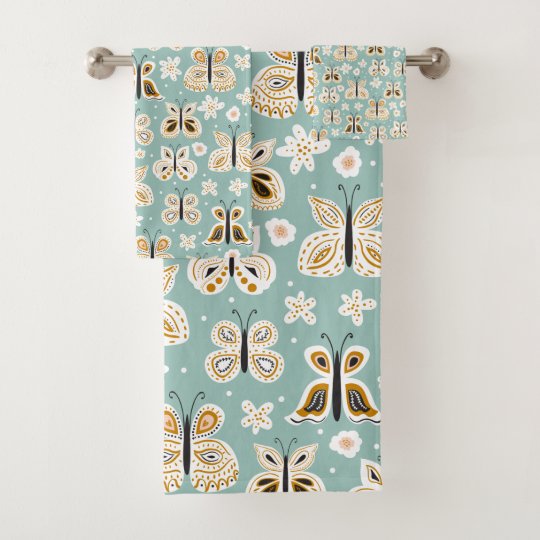 Retro Folk Art Butterflies Bath Towel Set