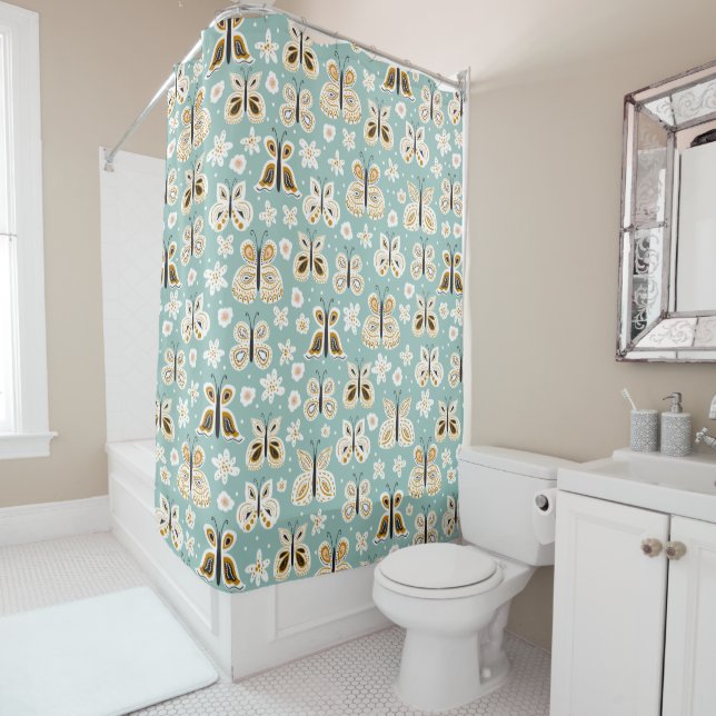 Retro Folk Art Butterflies Shower Curtain (In Situ)