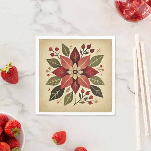 Retro Folk Art Poinsettia Festive Floral Decoupage Napkins