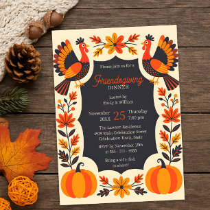 Retro Folk Art Turkey Friendsgiving Potluck Invitation