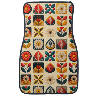 Retro Folk Floral Design in Warm Vintage Colors Car Floor Mat