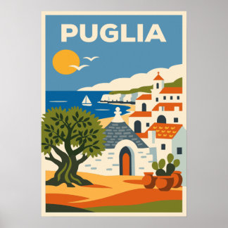 Retro Folk Puglia Italy Olive Tree Trullo Travel  Poster
