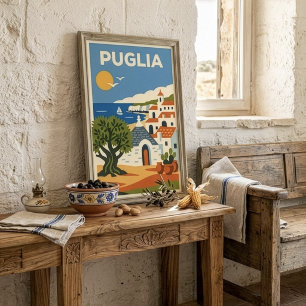 Retro Folk Puglia Italy Olive Tree Trullo Travel  Poster