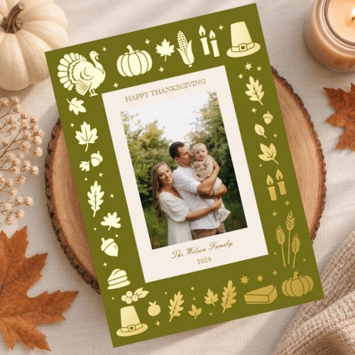 Retro Folk Thanksgiving Icons Family Photo Foil Holiday Card