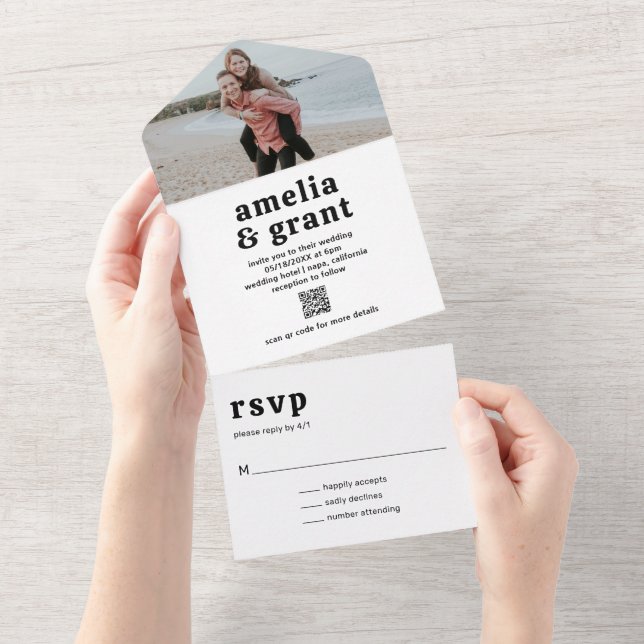 Retro Font Black and White QR Code Photo Wedding All In One Invitation (Tearaway)