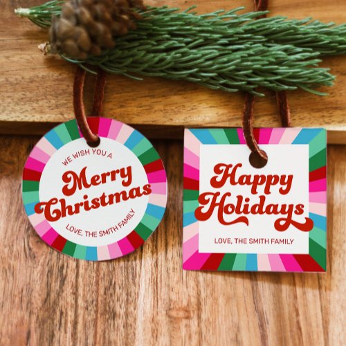 Retro Font Bright Stripes Festive Holiday Gift Favor Tags