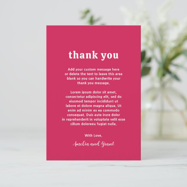 Retro Font Hot Pink Modern Wedding Thank You Card (Standing Front)