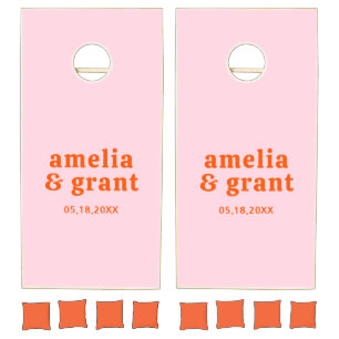 Retro Font Orange and Pink Modern Wedding Cornhole Set
