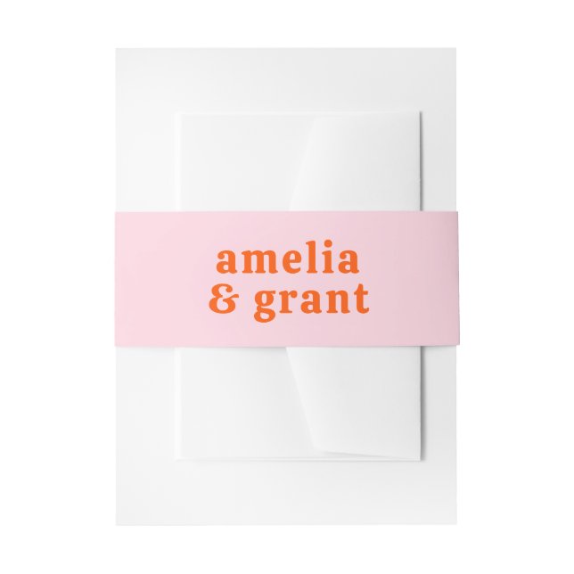Retro Font Orange and Pink Modern Wedding Invitation Belly Band (Front Example)