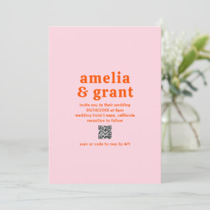 Retro Font Orange and Pink QR Code Modern Wedding Invitation