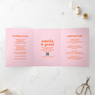 Retro Font Orange and Pink QR Code Photo Wedding Tri-Fold Invitation