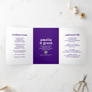 Retro Font Purple QR Code Photo Modern Wedding Tri-Fold Invitation