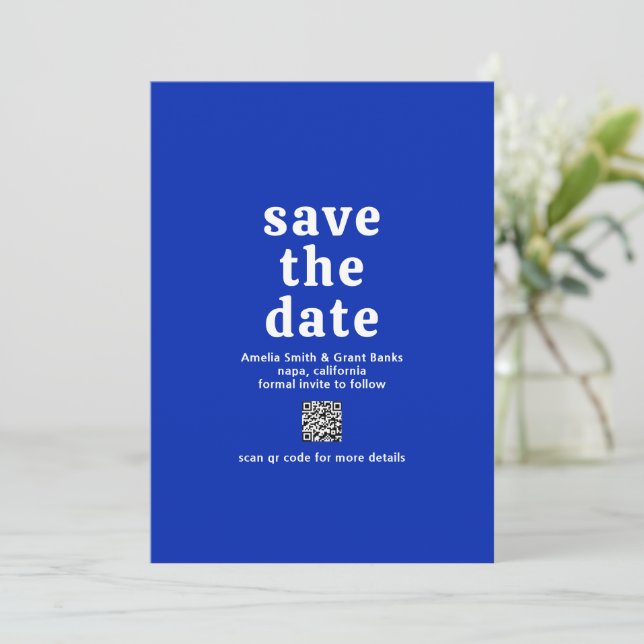 Retro Font Royal Blue QR Code Modern Wedding Save The Date (Standing Front)