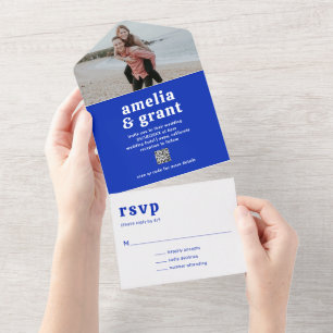 Retro Font Royal Blue QR Code Photo Modern Wedding All In One Invitation