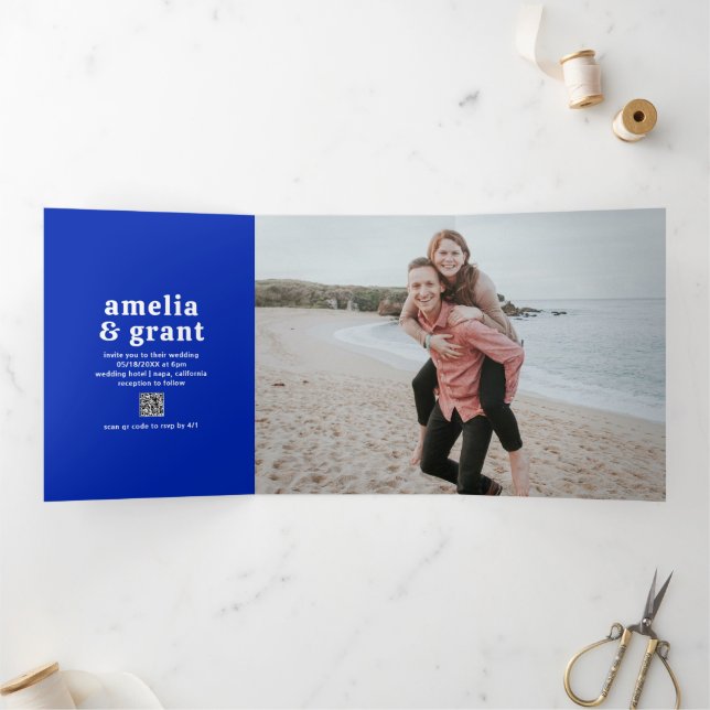 Retro Font Royal Blue QR Code Photo Modern Wedding Tri-Fold Invitation (Inside)