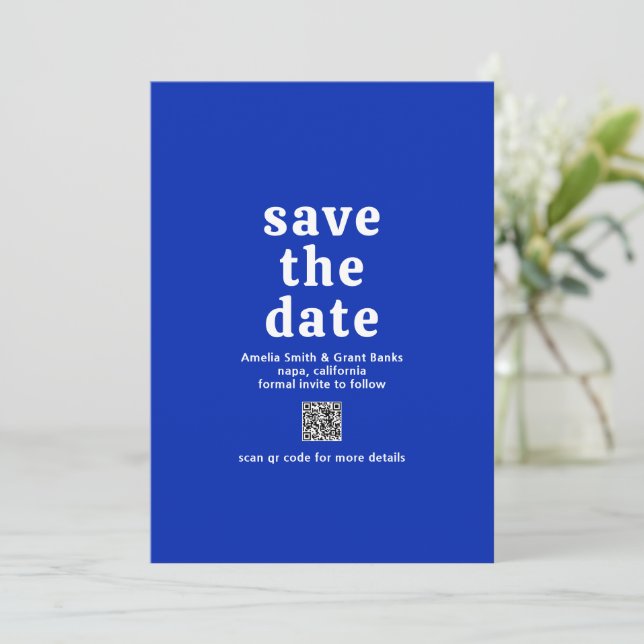 Retro Font Sapphire Blue QR Code Modern Wedding Save The Date (Standing Front)