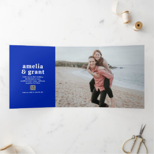Retro Font Sapphire Blue QR Code Modern Wedding Tri-Fold Invitation