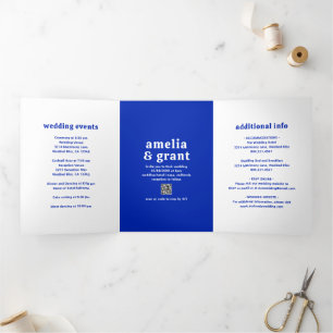 Retro Font Sapphire Blue QR Code Modern Wedding Tri-Fold Invitation