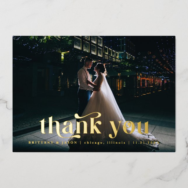 Retro Font Wedding Thank You Foil Invitation (Front)