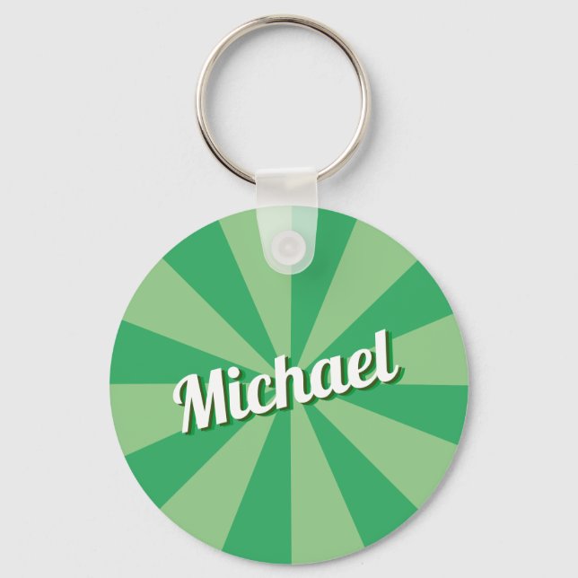 Retro Fonts Custom Name Green Sunburst Shadow  Keychain (Front)