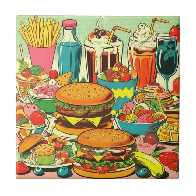 Retro Food Comic Illustration Ceramic Tile (Front)