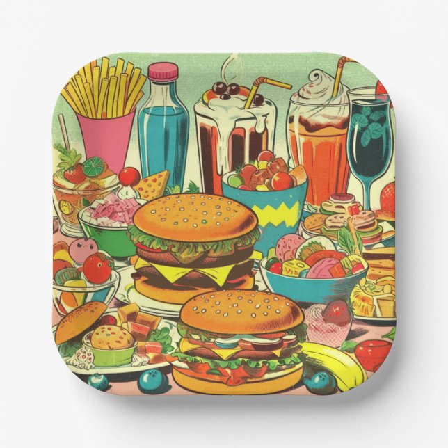 Retro Food Comic Illustration Paper Plates (Front)