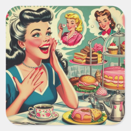 Retro Food Cute Girl Illustration Square Sticker