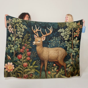 Retro Forest Deer William Morris Inspired Pattern Fleece Blanket