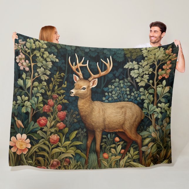Retro Forest Deer William Morris Inspired Pattern Fleece Blanket (In Situ)