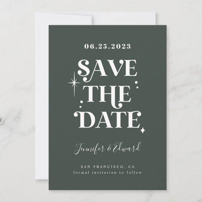 Retro Forest Green Save The Date Card (Front)