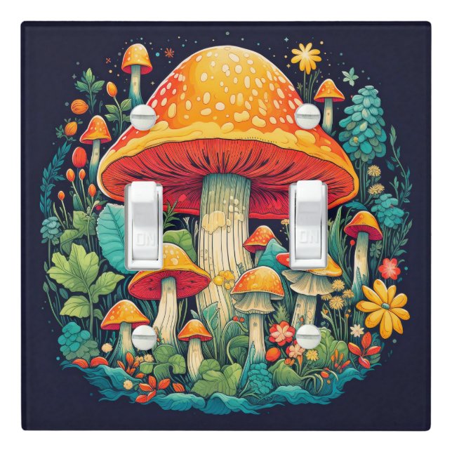 Retro Forest Mushroom Illustration Collage Light Switch Cover (In Situ)