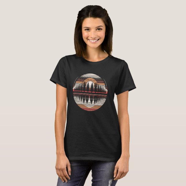 Sunset Pine Tree T-Shirt For Women - Retro Camping Graphic Tee, Casual Short Sleeve Top